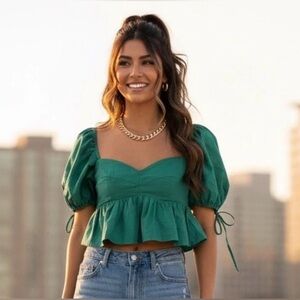 Boho Romantic Olivaceous Green Balloon Sleeve Smocked Back Blouse Peplum M